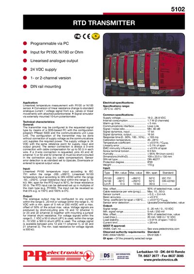 PR Electronics 5102 RTD Transmitter Manual - cover page