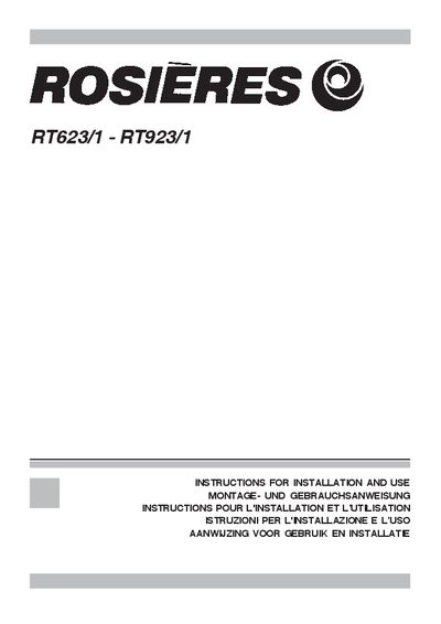 ROSIERES RT623/1 - RT923/1 Kitchen Hood Installation Guide - cover page