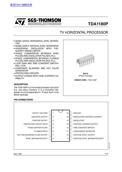 SGS-THOMSON TDA1180P TV Horizontal Processor Datasheet - cover page
