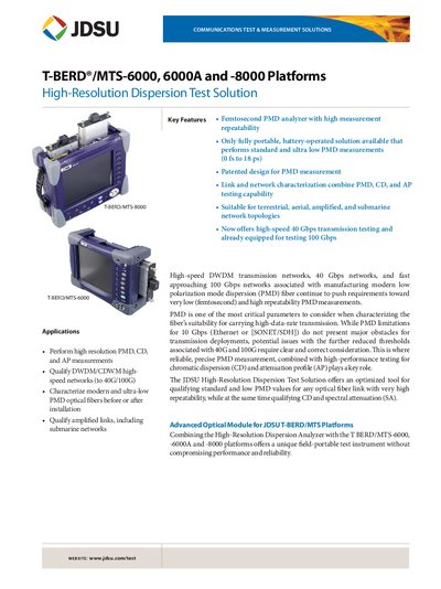 JDSU T-BERD/MTS-6000/6000A/8000 High-Resolution Dispersion Test Solution Product Leaflet - cover page