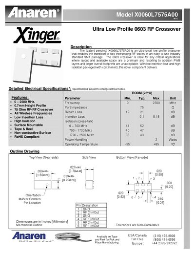 Anaren X0060L7575A00 Ultra Low Profile 0603 RF Crossover Datasheet - cover page