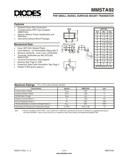 Diodes Inc. MMSTA92 PNP Small Signal Transistor Datasheet - cover page