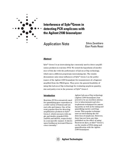 Agilent 2100 Bioanalyzer Interference of Sybr Green Application Note - cover page