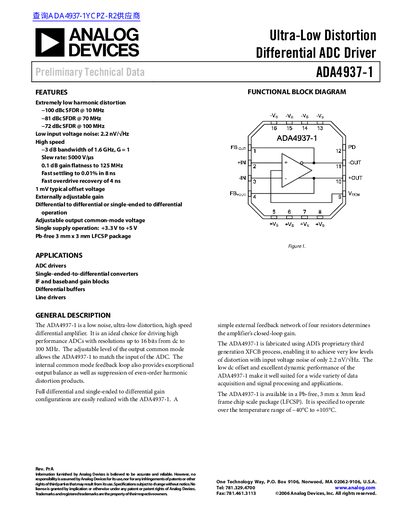 Analog Devices ADA4937-1 Ultra-Low Distortion Differential ADC Driver Datasheet - cover page