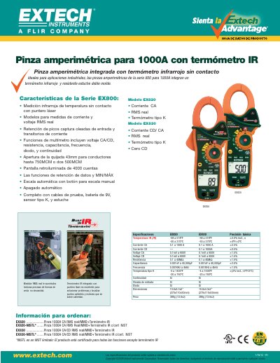 EXTECH EX820 Clamp Meter with IR Thermometer Product Data Sheet - cover page