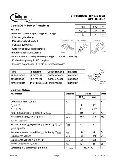 INFINEON SPP08N80C3 SPI08N80C3 SPA08N80C3 Manual - cover page