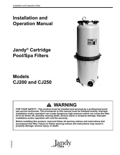Jandy CJ200/CJ250 Cartridge Pool/Spa Filters Installation and Operation Manual - cover page