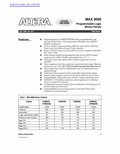 Altera MAX 9000 Programmable Logic Device Family Data Sheet - cover page
