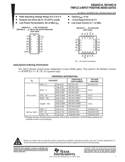 Texas Instruments SN54HC10 3-Input NAND Gate Datasheet - cover page