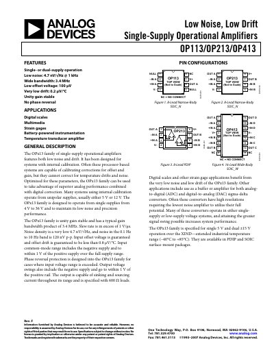Analog Devices OP113/OP213/OP413 Operational Amplifier Product Handbook - cover page