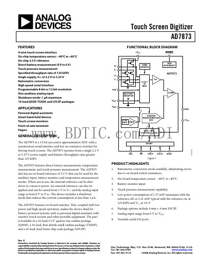 Analog Devices AD7873 Datasheet - cover page