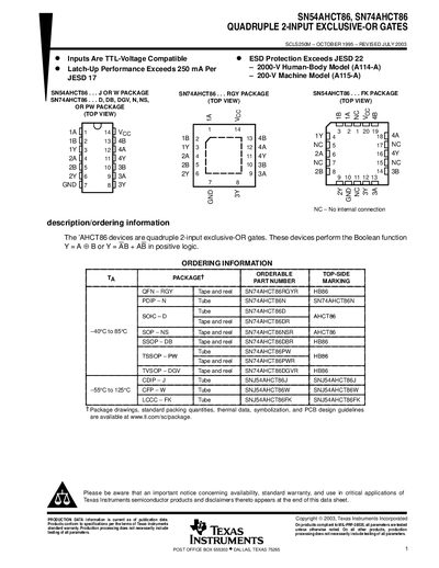Texas Instruments SN54AHCT86, SN74AHCT86 Quadruple 2-Input Exclusive-OR Gates Datasheet - cover page