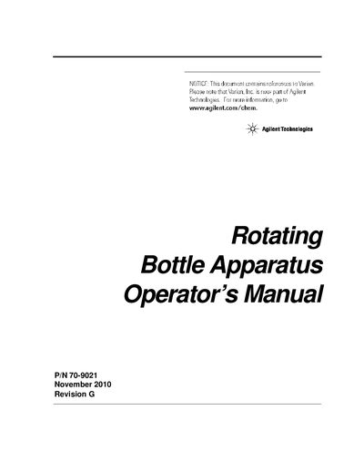 Varian Rotating Bottle Apparatus 70-9021 Operator's Manual - cover page