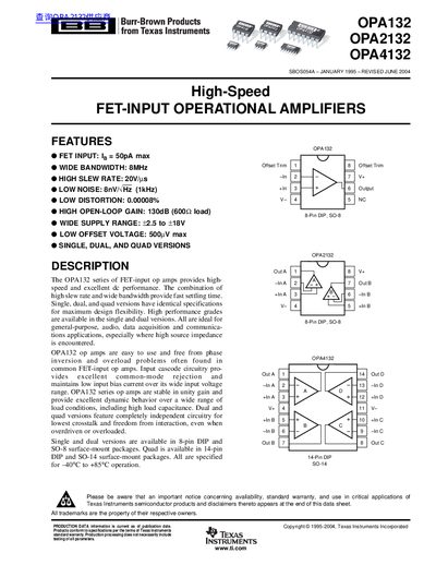 Texas Instruments OPA132/OPA2132/OPA4132 Operational Amplifier Datasheet - cover page