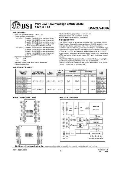Brilliance Semiconductor BS62LV4006 SRAM Datasheet - cover page
