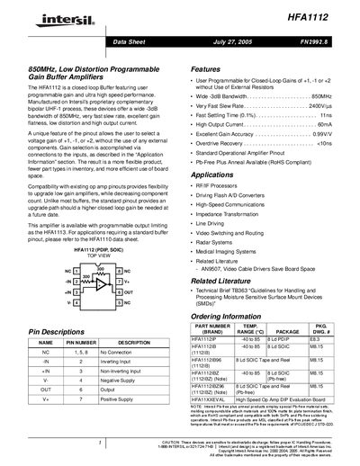 Intersil HFA1112 Low Distortion Programmable Gain Buffer Amplifier Datasheet - cover page