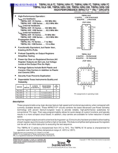 TEXAS INSTRUMENTS TIBPAL16L8-7C TIBPAL16R4-7C TIBPAL16R6-7C TIBPAL16R8-7C TIBPAL16L8-10M TIBPAL16R4-10M TIBPAL16R6-10M TIBPAL16R8-10M HIGH-PERFORMANCE IMPACT-X PAL CIRCUITS handbook - cover page