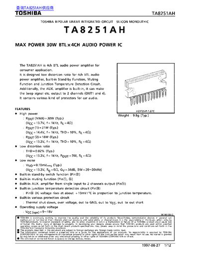 Toshiba TA8251AH Audio Power Amplifier Datasheet - cover page
