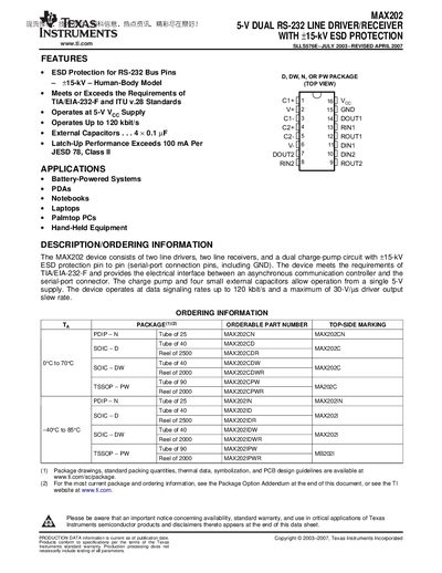 Texas Instruments MAX202 Dual RS-232 Line Driver/Receiver Datasheet