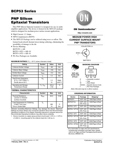ON Semiconductor BCP53 Series PNP Silicon Epitaxial Transistor Datasheet - cover page