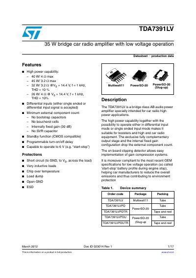 STMicroelectronics TDA7391LV 35W Bridge Car Radio Amplifier Datasheet