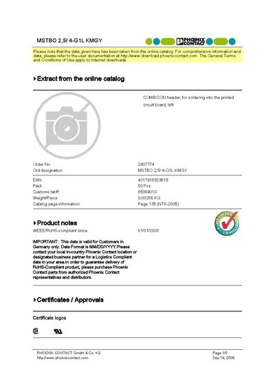 Phoenix Contact MSTBO 2,5/4-G1L KMGY Product Data Sheet - cover page