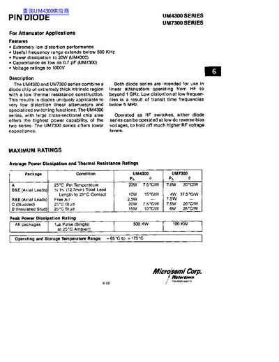 Microsemi UM4300/UM7300 Series PIN Diode Datasheet - cover page