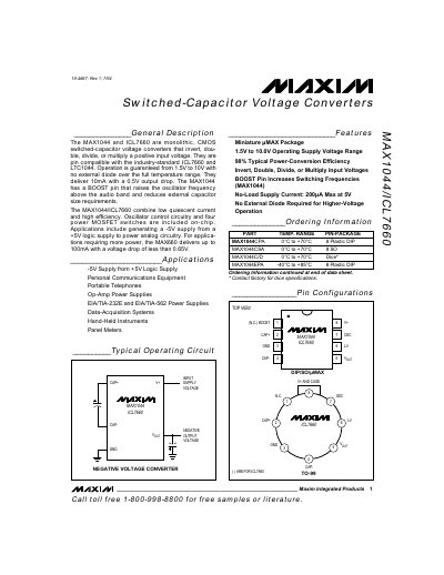 Maxim MAX1044/ICL7660 Switched‑Capacitor Voltage Converter Datasheet - cover page