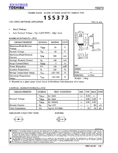 Toshiba 1SS373 Silicon Epitaxial Schottky Barrier Diode Datasheet - cover page