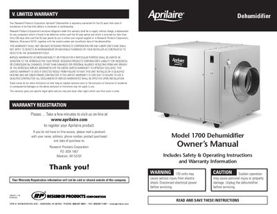 Aprilaire Model 1700 Dehumidifier Owner's Manual - cover page