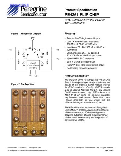 Peregrine Product Specification PE4261 FLIP CHIP SP4T UltraCMOS 2.6 V Switch 100 3000 MHz  - cover page