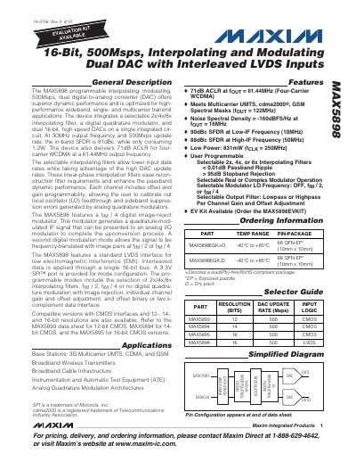 Maxim MAX5898 16‑Bit 500Msps Interpolating and Modulating Dual DAC Datasheet - cover page