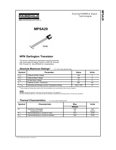 Fairchild MPSA29 NPN Darlington Transistor Datasheet - cover page