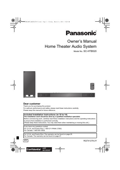 Panasonic SC-HTB520 Home Theater Audio System Owner's Manual - cover page