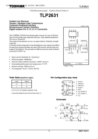 Toshiba TLP2631 Photocoupler Datasheet - cover page