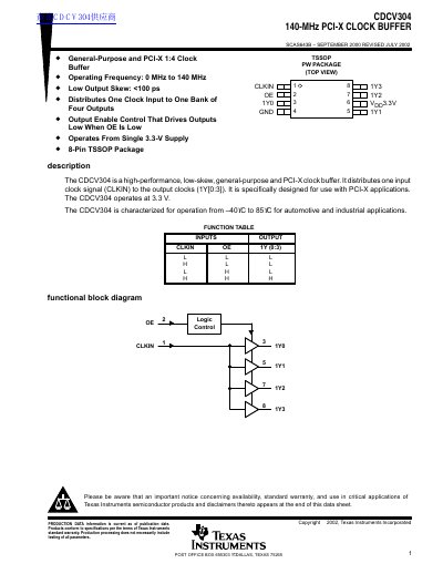 Texas Instruments CDCV304 140-MHz PCI-X Clock Buffer Datasheet - cover page