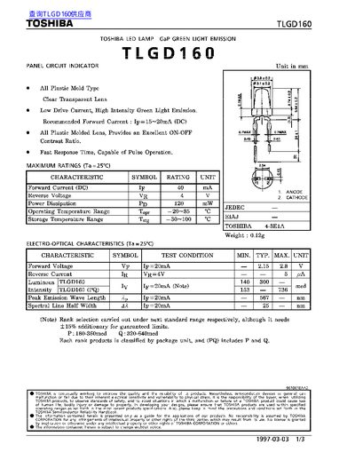 Toshiba TLGD160 LED Lamp Datasheet - cover page