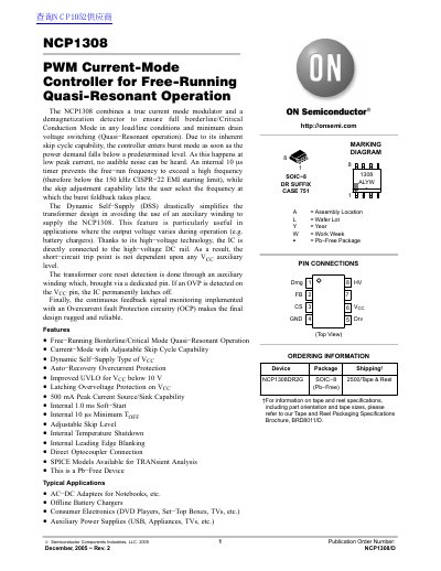 ON Semiconductor NCP1308 PWM Current-Mode Controller Datasheet - cover page