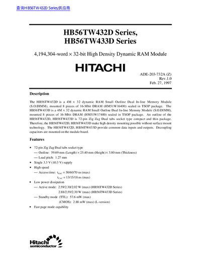 Hitachi HB56TW432D/HB56TW433D Memory Module Datasheet - cover page