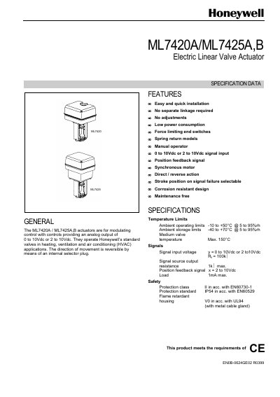 Honeywell ML7420A/ML7425A,B Electric Linear Valve Actuator Manual - cover page