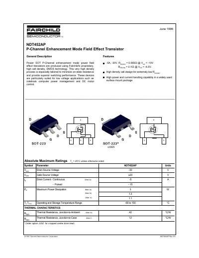 Fairchild Semiconductor NDT452AP P-Channel Enhancement Mode FET Datasheet - cover page