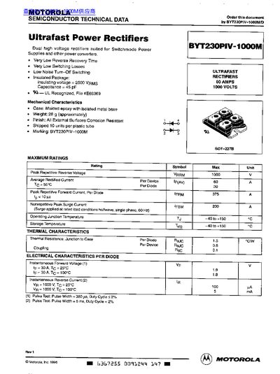 Motorola BYT230PIV-1000M Ultrafast Power Rectifier Datasheet - cover page