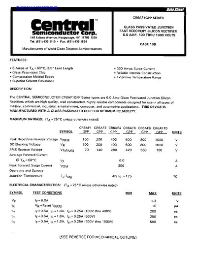 Central Semiconductor CR6AF1GPP Series Datasheet - cover page