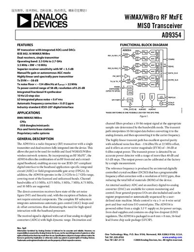 Analog Devices AD9354 WiMAX/WiBro RF MxFE MISO Transceiver Handbook - cover page