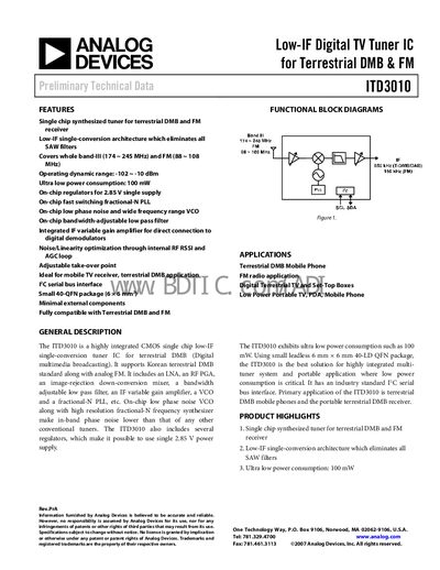Analog Devices ITD3010 Low‑IF Digital TV Tuner IC Datasheet - cover page