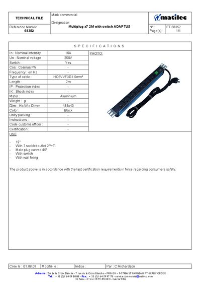 Matilec 68352 Multiplug Specifications Manual - cover page