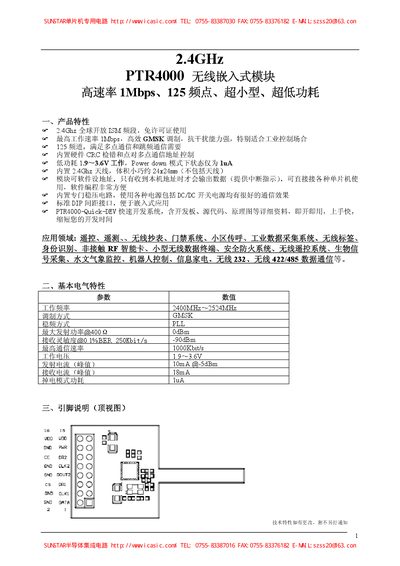 PTR4000 Wireless Embedded module high-speed Rate 1Mbps 125 Frequency Point Exceed Small Exceed low-power Manual - cover page