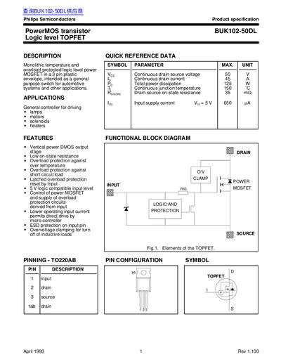 Philips BUK102-50DL PowerMOS Transistor Datasheet - cover page