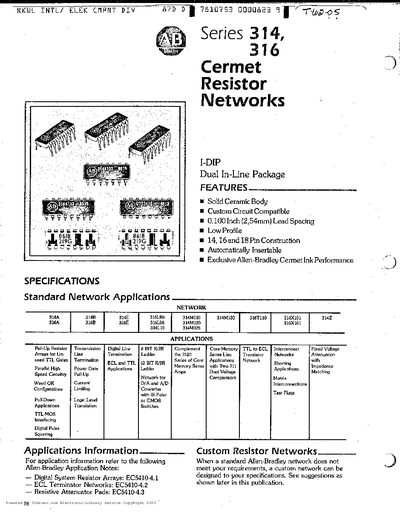 Allen-Bradley Series 314/316 Cermet Resistor Networks Datasheet - cover page