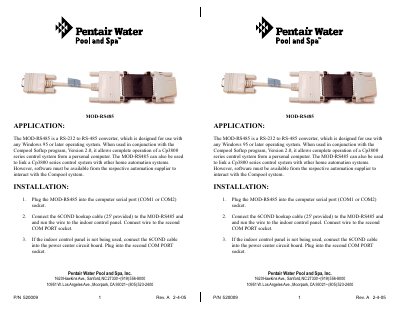 Pentair MOD-RS485 RS-232 to RS-485 Converter Installation Guide - cover page